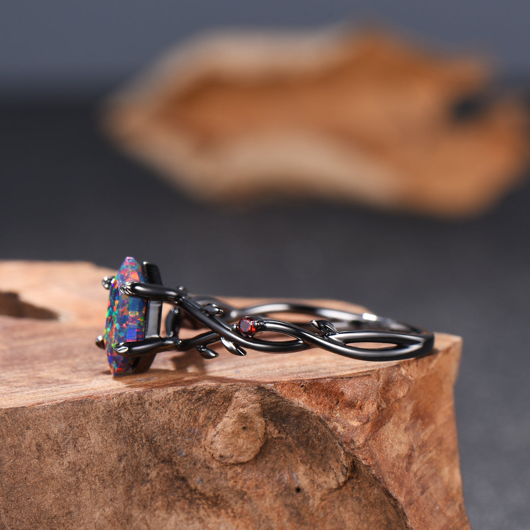 Long Hexagon Black Opal Engagement Ring Gothic Twig Vine Leaf Cluster Garnet Ring