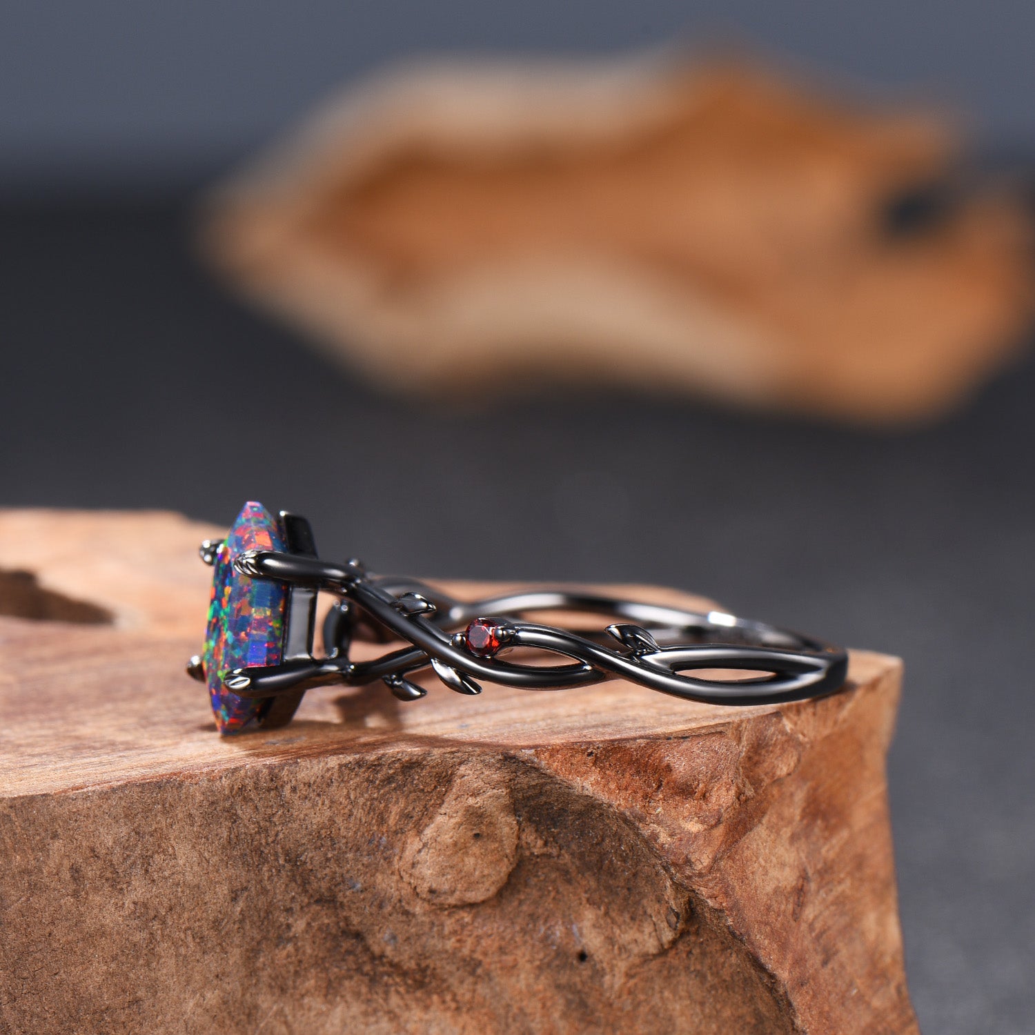 Long Hexagon Black Opal Engagement Ring Gothic Twig Vine Leaf Cluster Garnet Ring