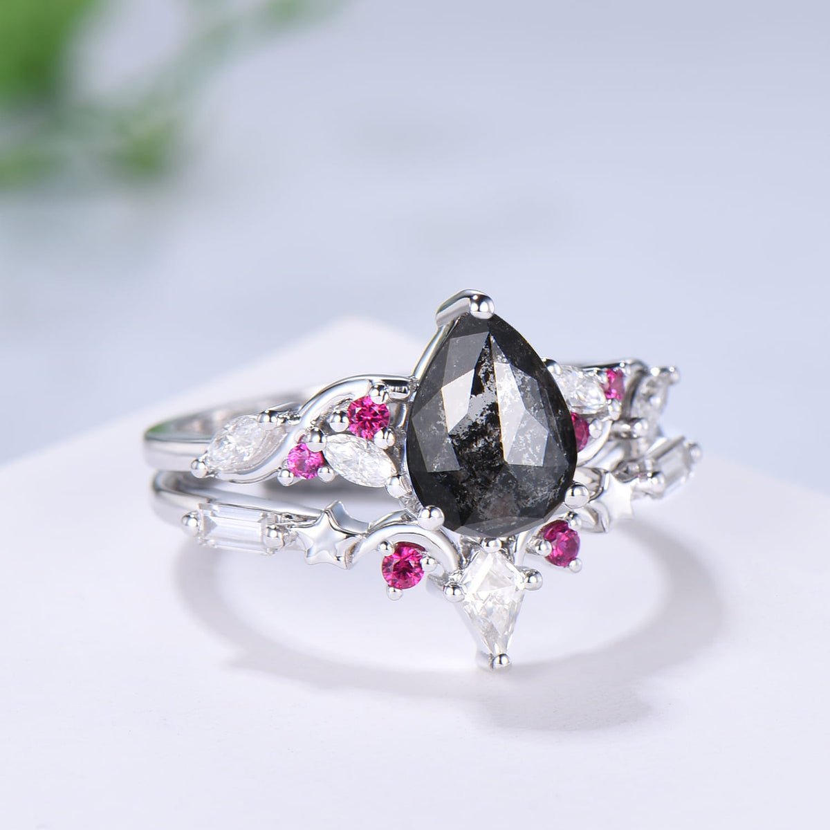 Pear Cut Salt and Pepper Diamond Engagement Ring Set with Ruby Accents & Moon Star Matching Band