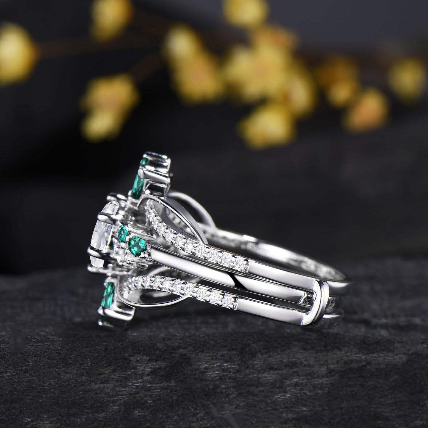 Unique 1CT Brilliant Moissanite Wedding Ring Set, Snowdrift Moissanite Emerald Engagement Ring Set