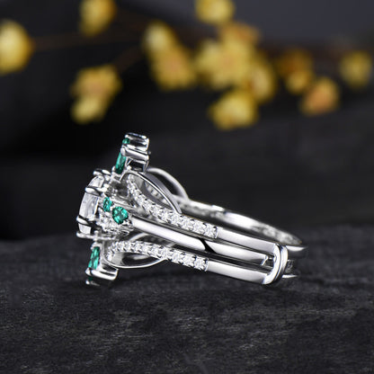 Unique 1CT Brilliant Moissanite Wedding Ring Set, Snowdrift Moissanite Emerald Engagement Ring Set