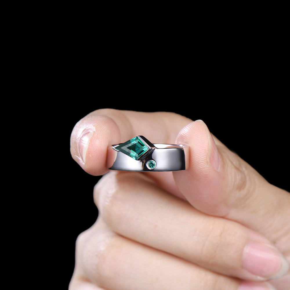 One Of a Kind Emerald Wedding Band For Men Unique Kite Cut Emerald Men's Wedding Ring 6mm Stacking Anniversary Matching Band Christmas Gift - PENFINE