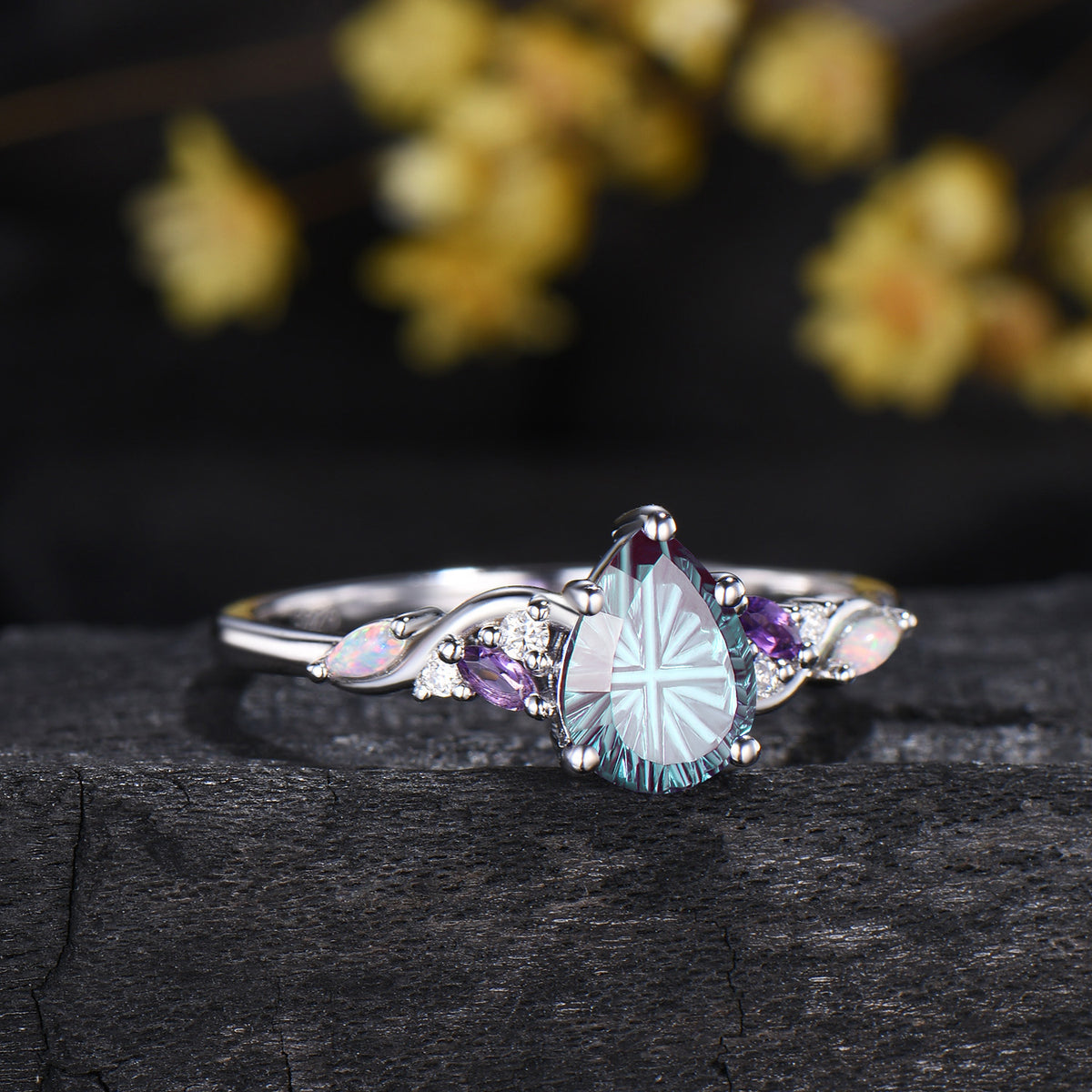 Unique Pear Shaped Fantasy Cut Color-change Alexandrite Engagement Ring Amethyst Opal Cluster Ring