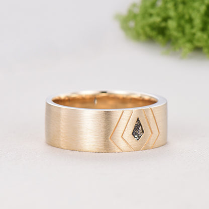 6mm Men's Ring Kite Cut Black Rutilated Quartz Brushed Finished Band Solitaire Wedding Ring Anniversary Band Gift For Men