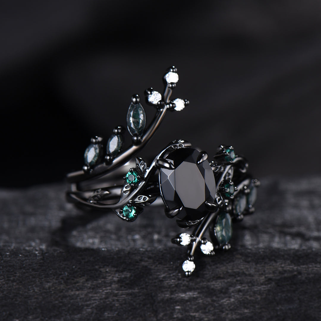 Unique gothic black gold onyx engagement ring set leaf nature inspired emerald wedding ring set twig vine marquise moss agate bridal set