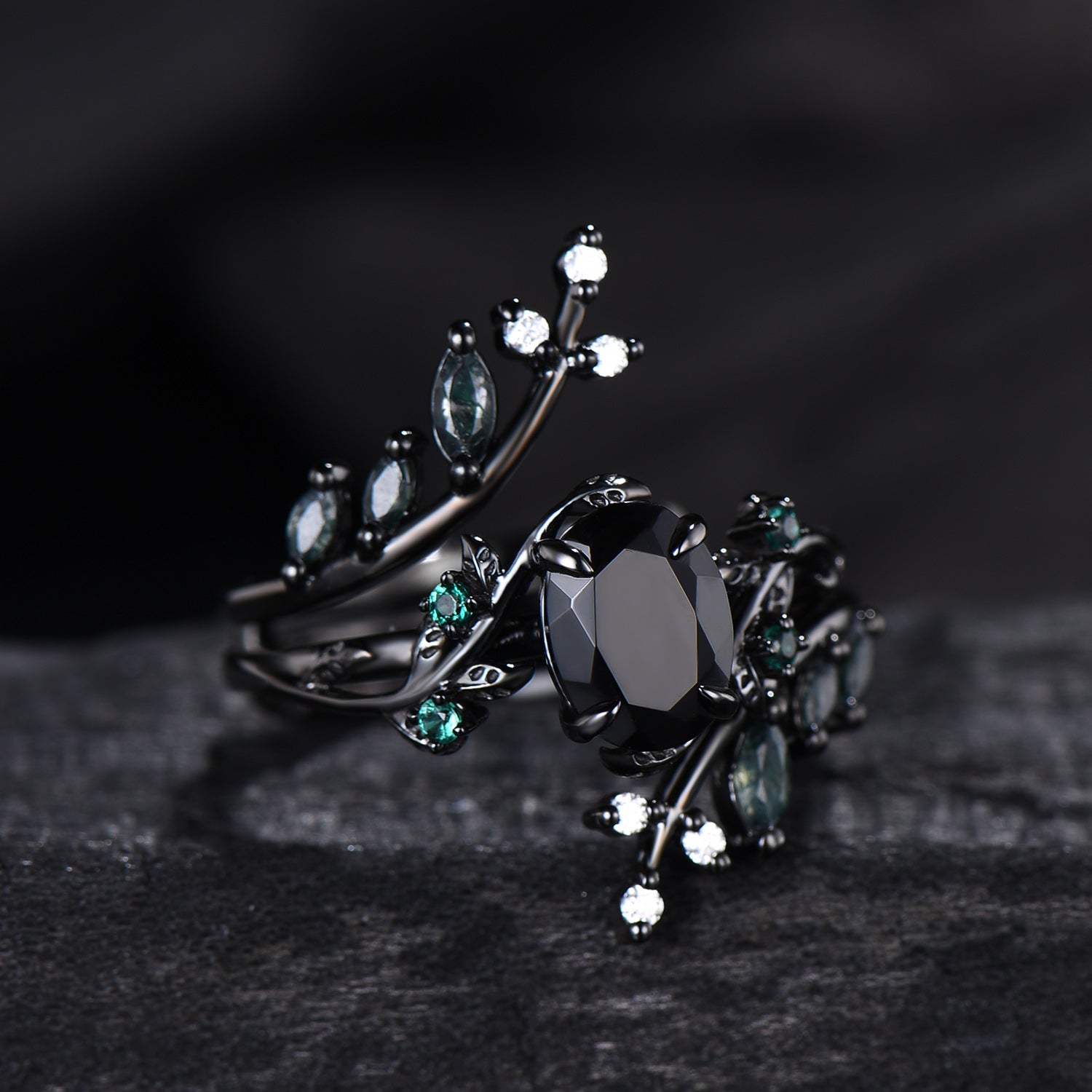 Unique gothic black gold onyx engagement ring set leaf nature inspired emerald wedding ring set twig vine marquise moss agate bridal set