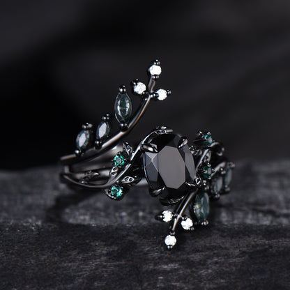 Unique gothic black gold onyx engagement ring set leaf nature inspired emerald wedding ring set twig vine marquise moss agate bridal set