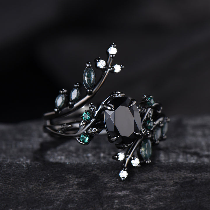 Unique gothic black gold onyx engagement ring set leaf nature inspired emerald wedding ring set twig vine marquise moss agate bridal set