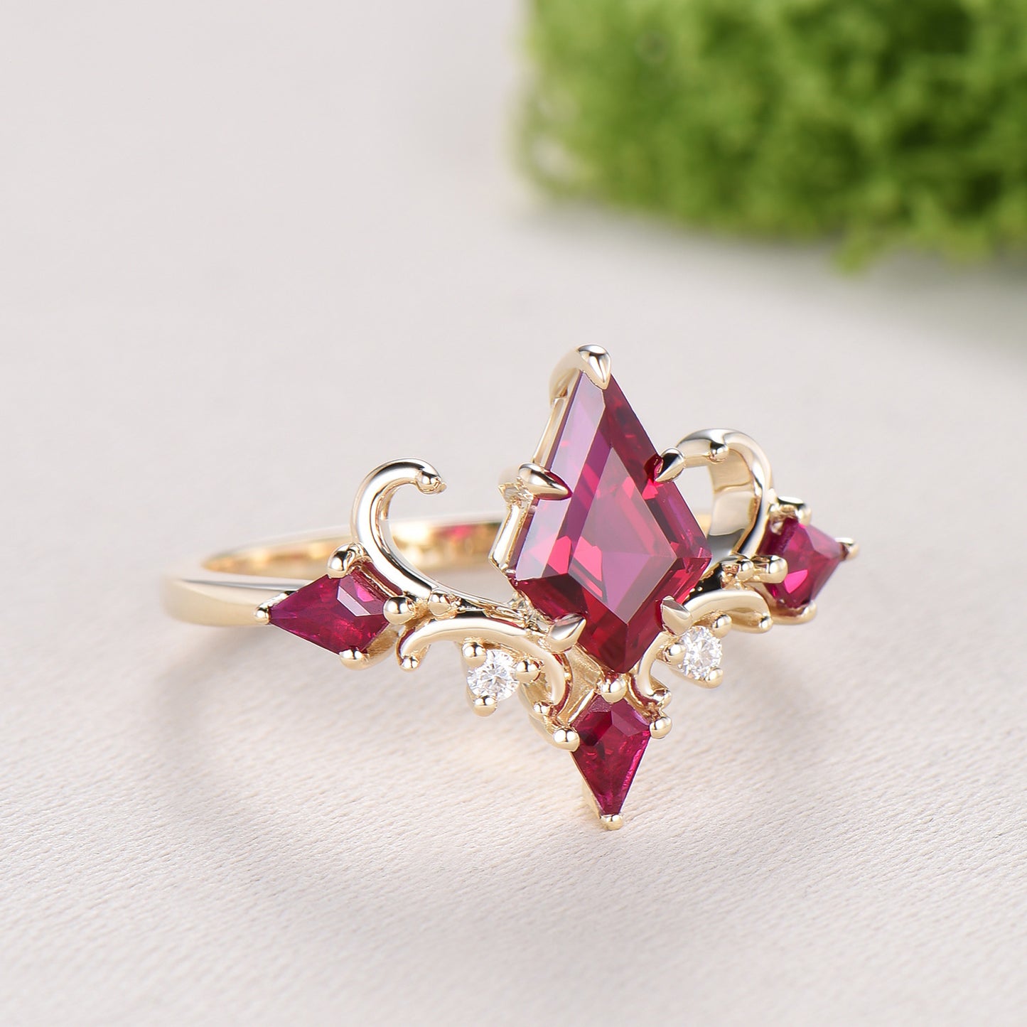 Unique Kite Cut Ruby Engagement Ring Rose Gold Four Max - PENFINE