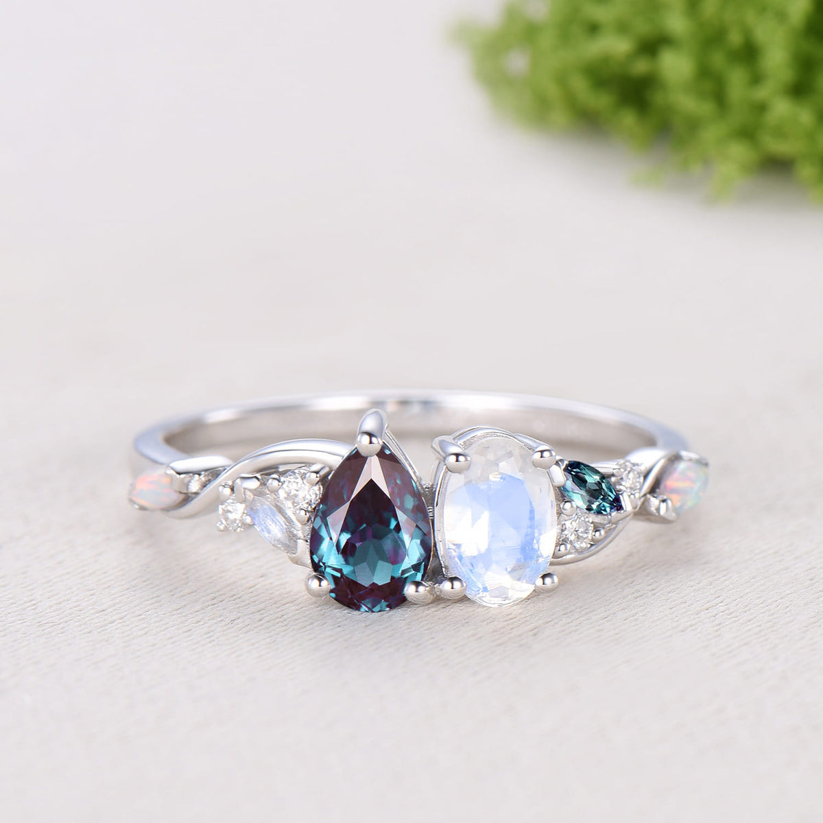 Toi et Moi Moonstone & Alexandrite Engagement Ring | Pear and Oval Cut