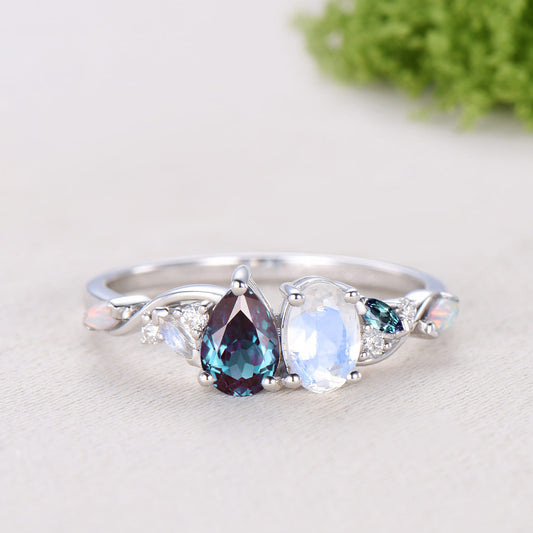Toi et Moi Moonstone & Alexandrite Engagement Ring | Pear and Oval Cut