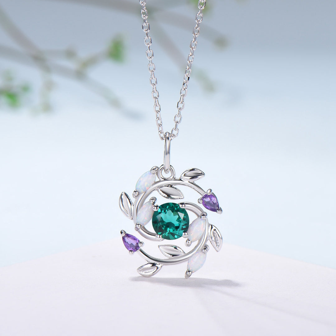 Handmade Gold Emerald Necklace: Opal, Amethyst, Floral Pendant - PENFINE