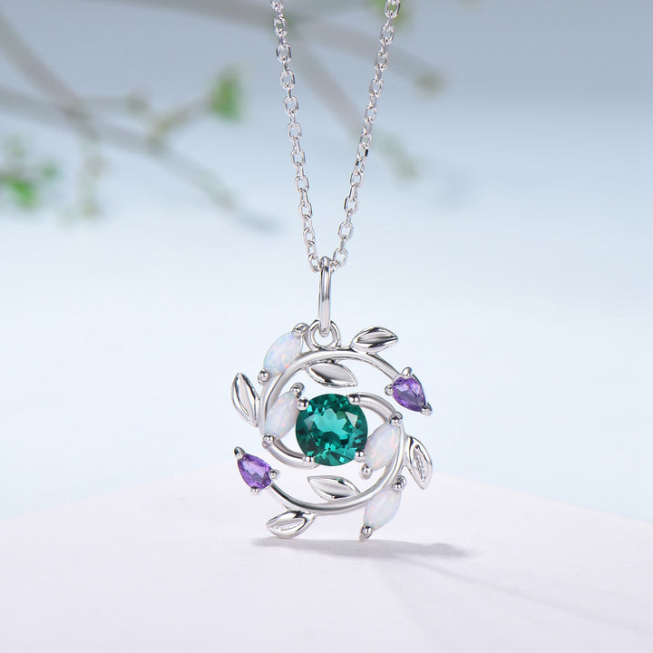 Handmade Gold Emerald Necklace: Opal, Amethyst, Floral Pendant - PENFINE