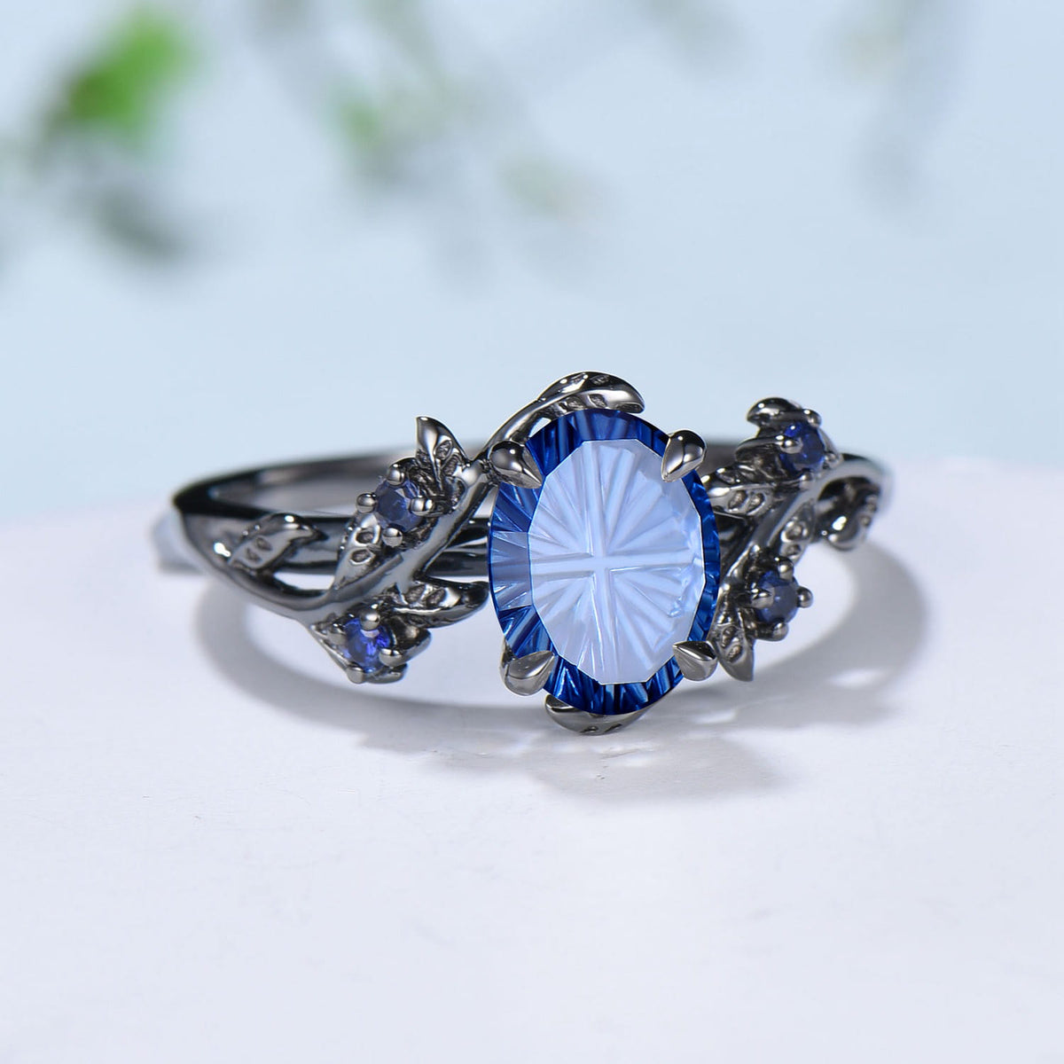 Black Gold Oval Fantasy Cut Sapphire Engagement Ring Nature Inspired Leaf Vine Ring