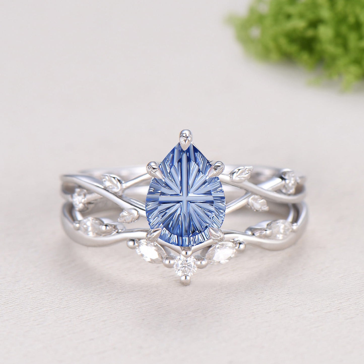 Cornflower Blue Lab Sapphire Engagement Ring Set | Pear Cut Starburst Twig Vine Wedding Set