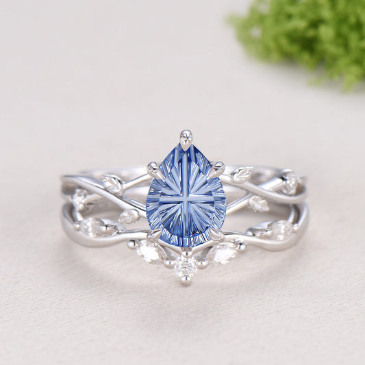 Cornflower Blue Lab Sapphire Engagement Ring Set | Pear Cut Starburst Twig Vine Wedding Set