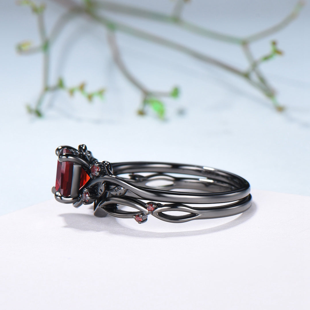 Unique gothic cushion cut garnet wedding ring set black gold natural inspired January birthstone engagement ring for women 2pcs bridal set - PENFINE