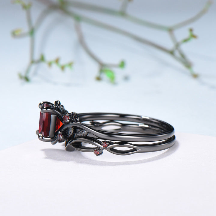 Unique gothic cushion cut garnet wedding ring set black gold natural inspired January birthstone engagement ring for women 2pcs bridal set - PENFINE