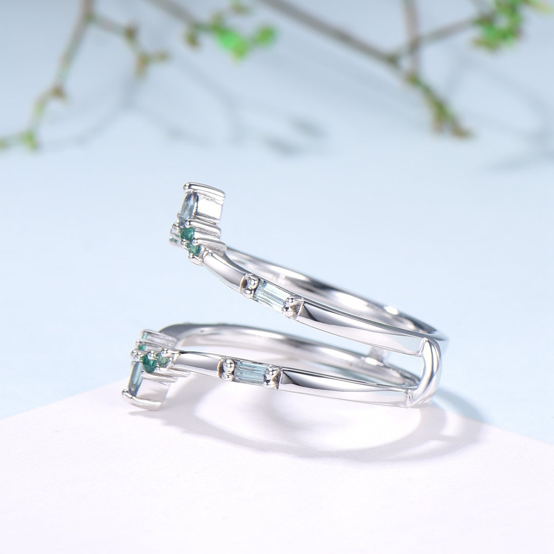 Double Curved Alexandrite Emerald Wedding Band Sterling Silver Contour Enhancer Stacking Marquise Baguette Matching Band Anniversary Gifts - PENFINE