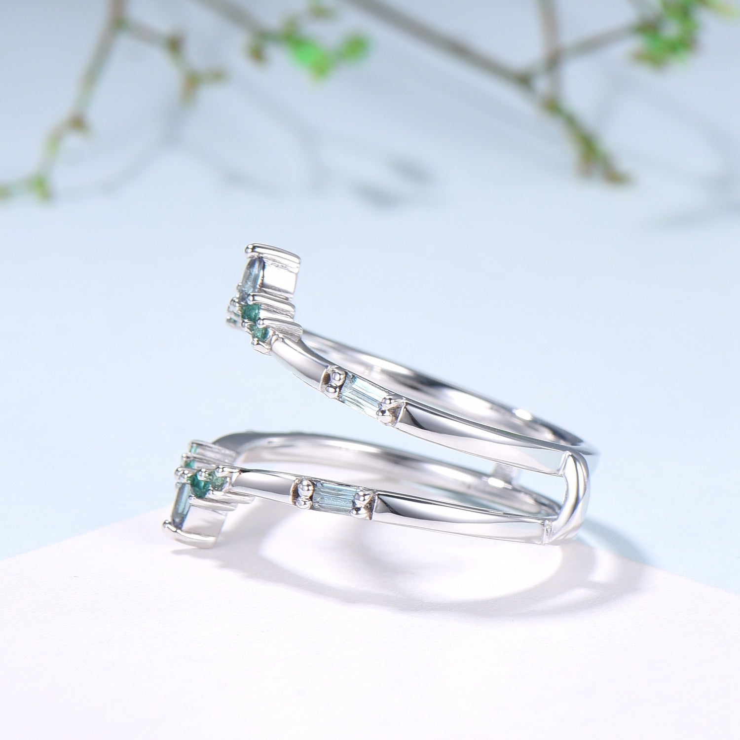 Double Curved Alexandrite Emerald Wedding Band Sterling Silver Contour Enhancer Stacking Marquise Baguette Matching Band Anniversary Gifts - PENFINE