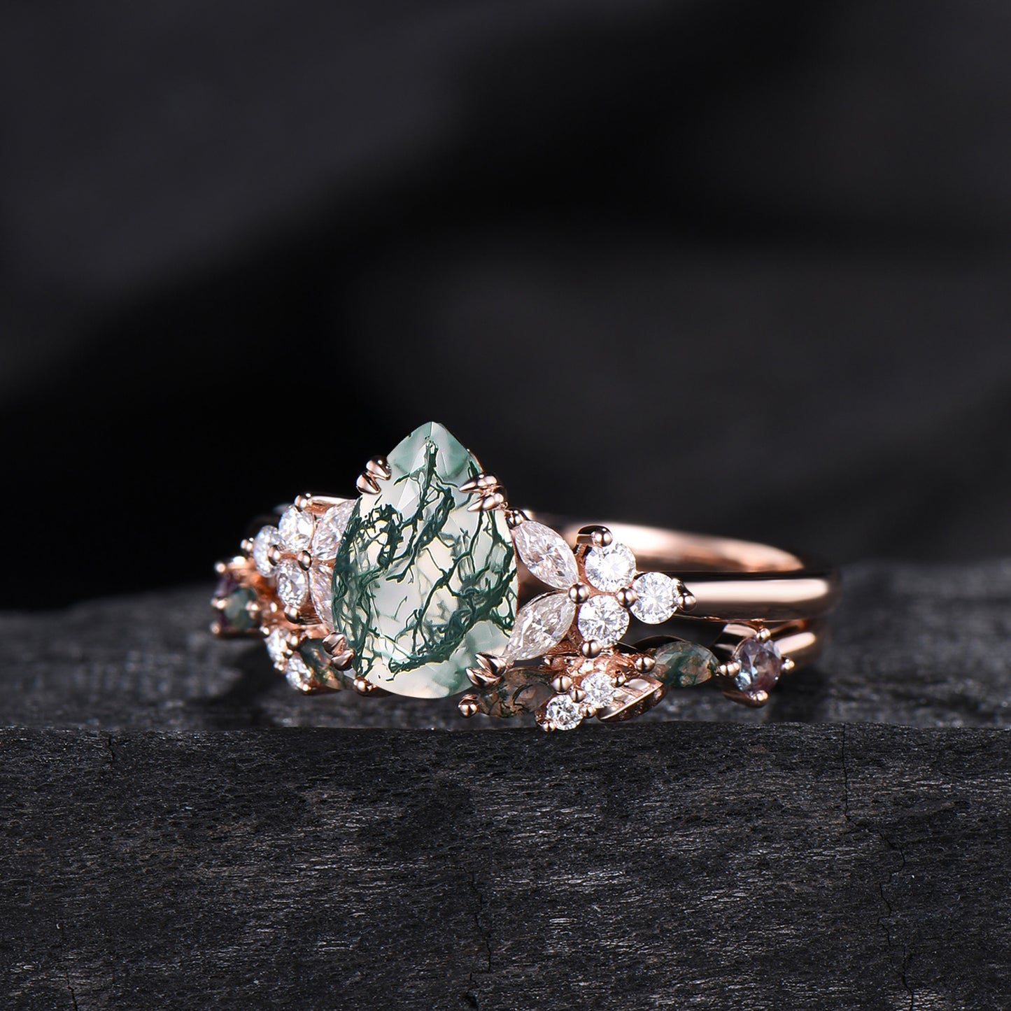 vintage pear shaped moss agate engagement ring floral 6x9mm green agate moissanite wedding set art deco leaf vine alexandrite stacking band - PENFINE