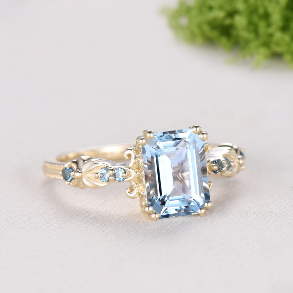 Retro Emerald Cut Aquamarine Ring Vintage Aquamarine Engagement Ring unique 8 prong blue topaz wedding Band Ring Anniversary Gift For Women