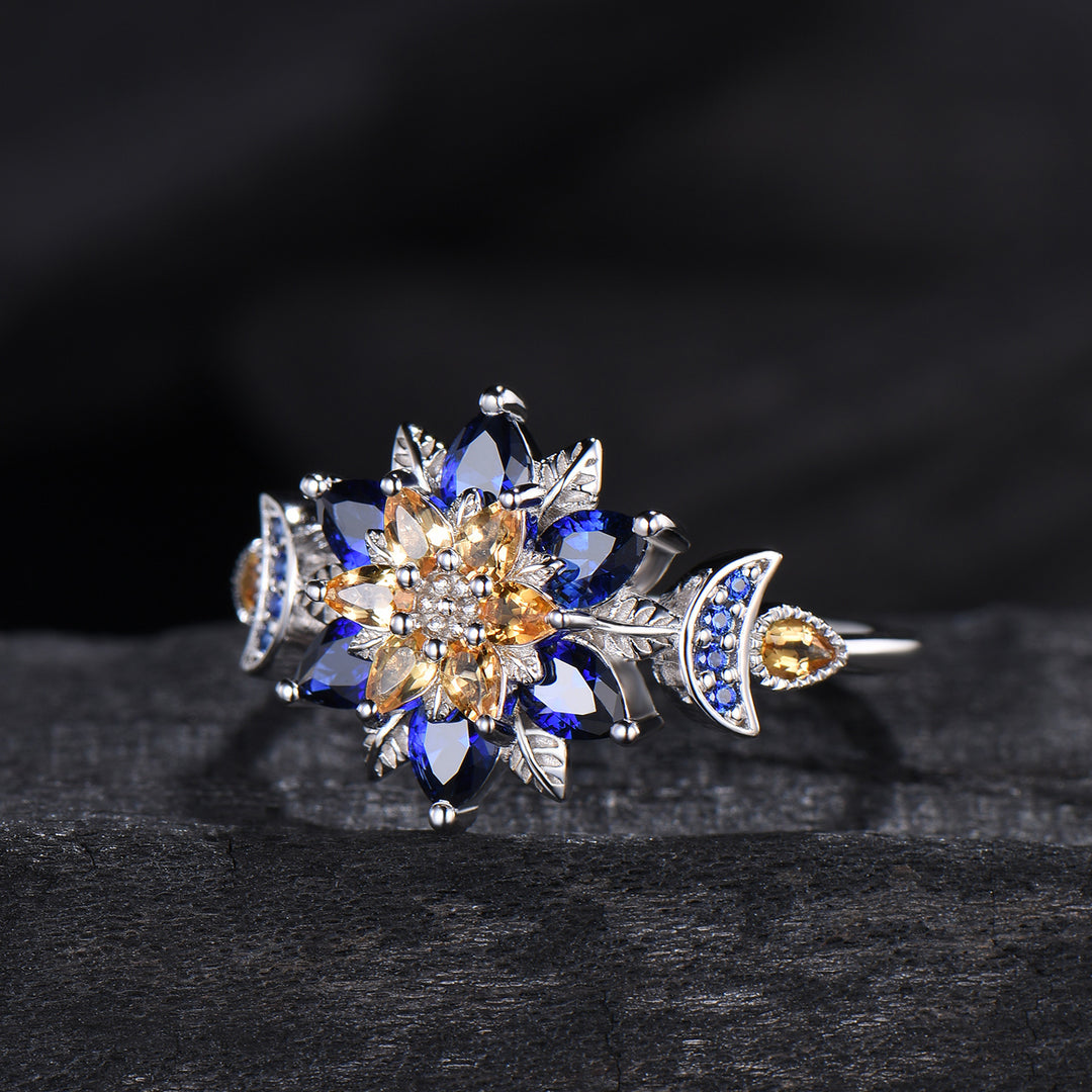 Celestial Sun and Moon Engagement Ring | Sapphire & Citrine Floral Mandala - PENFINE