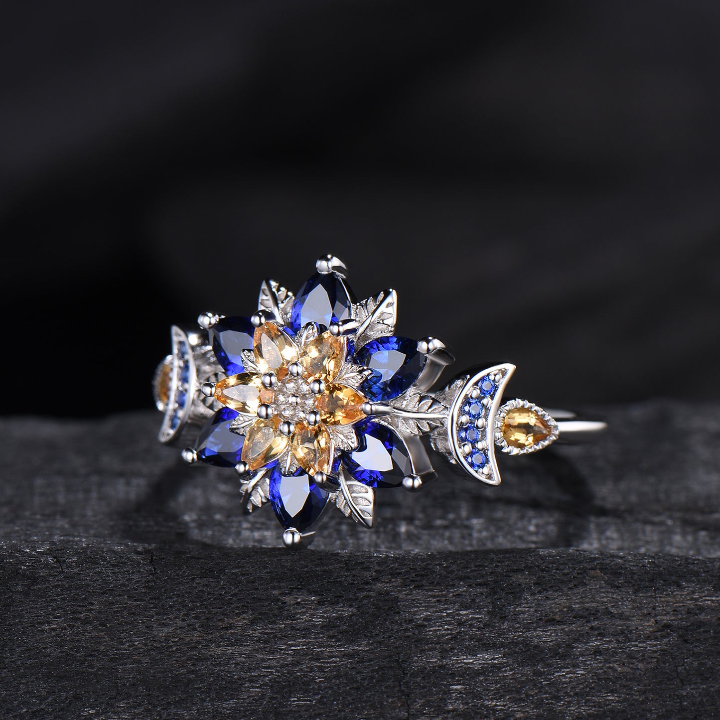 Celestial Sun and Moon Engagement Ring | Sapphire & Citrine Floral Mandala - PENFINE