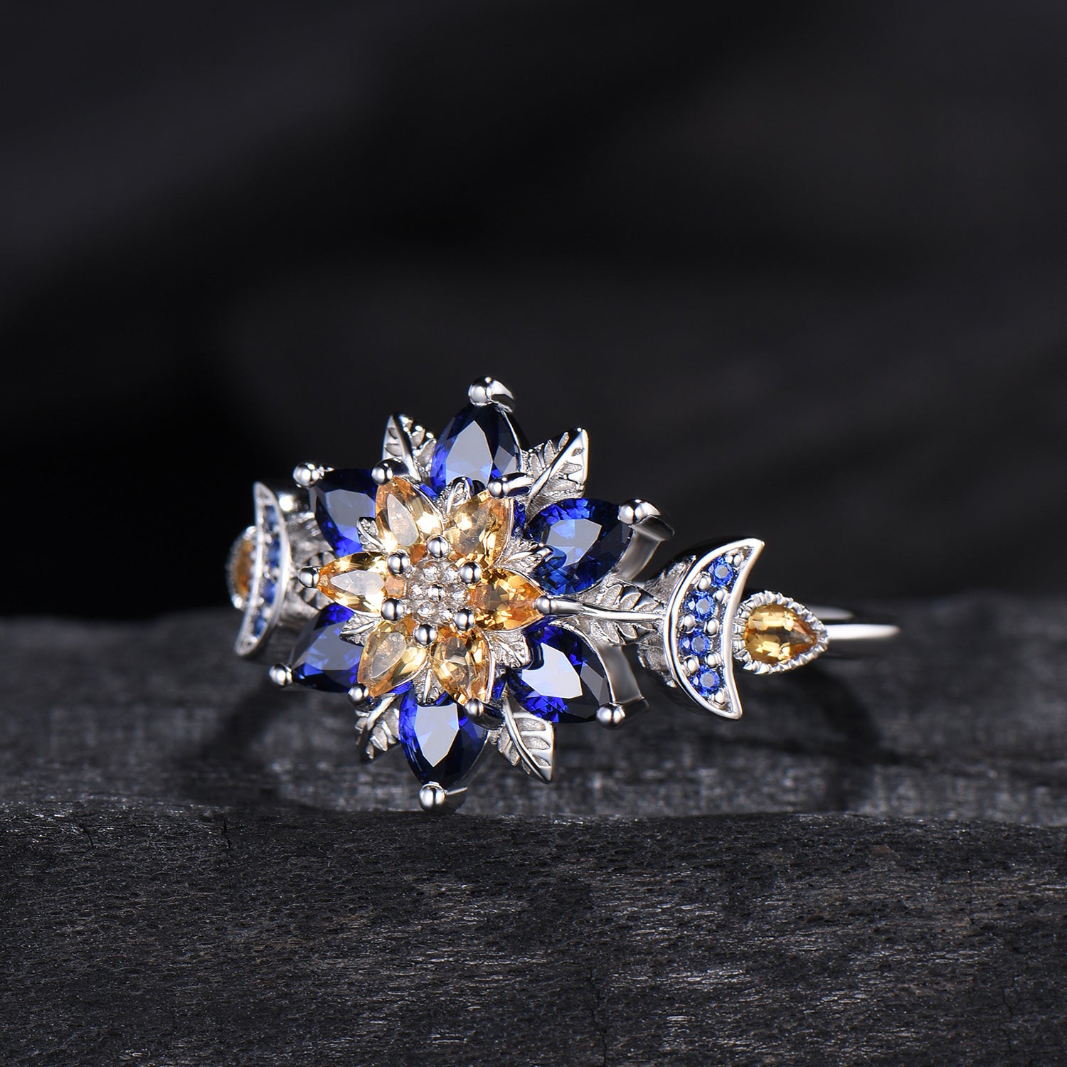 Celestial Sun and Moon Engagement Ring | Sapphire & Citrine Floral Mandala - PENFINE