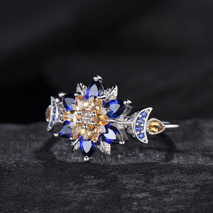 Celestial Sun and Moon Engagement Ring | Sapphire & Citrine Floral Mandala - PENFINE
