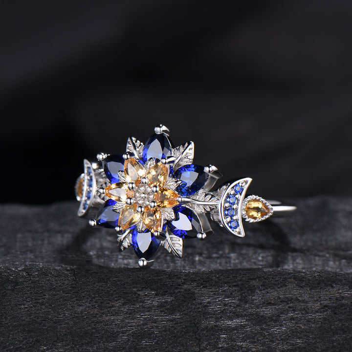 Celestial Sun and Moon Engagement Ring | Sapphire & Citrine Floral Mandala - PENFINE