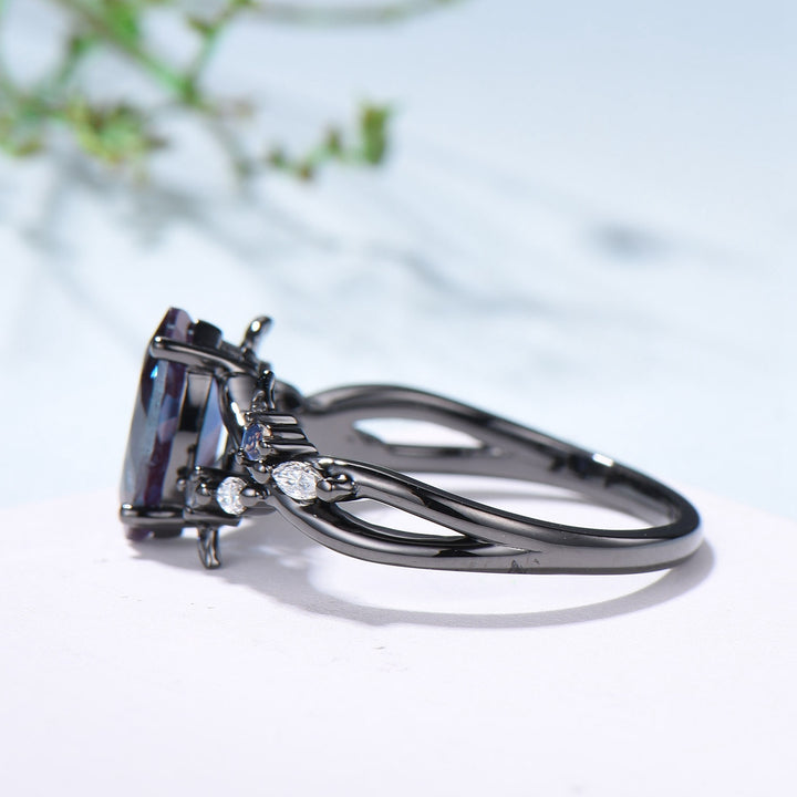 Unique Black Gold Alexandrite Ring Natural Inspired Gothic Marquise Cut Engagement Ring Leaves  Cluster Moonstone Split Shank Wedding Ring - PENFINE