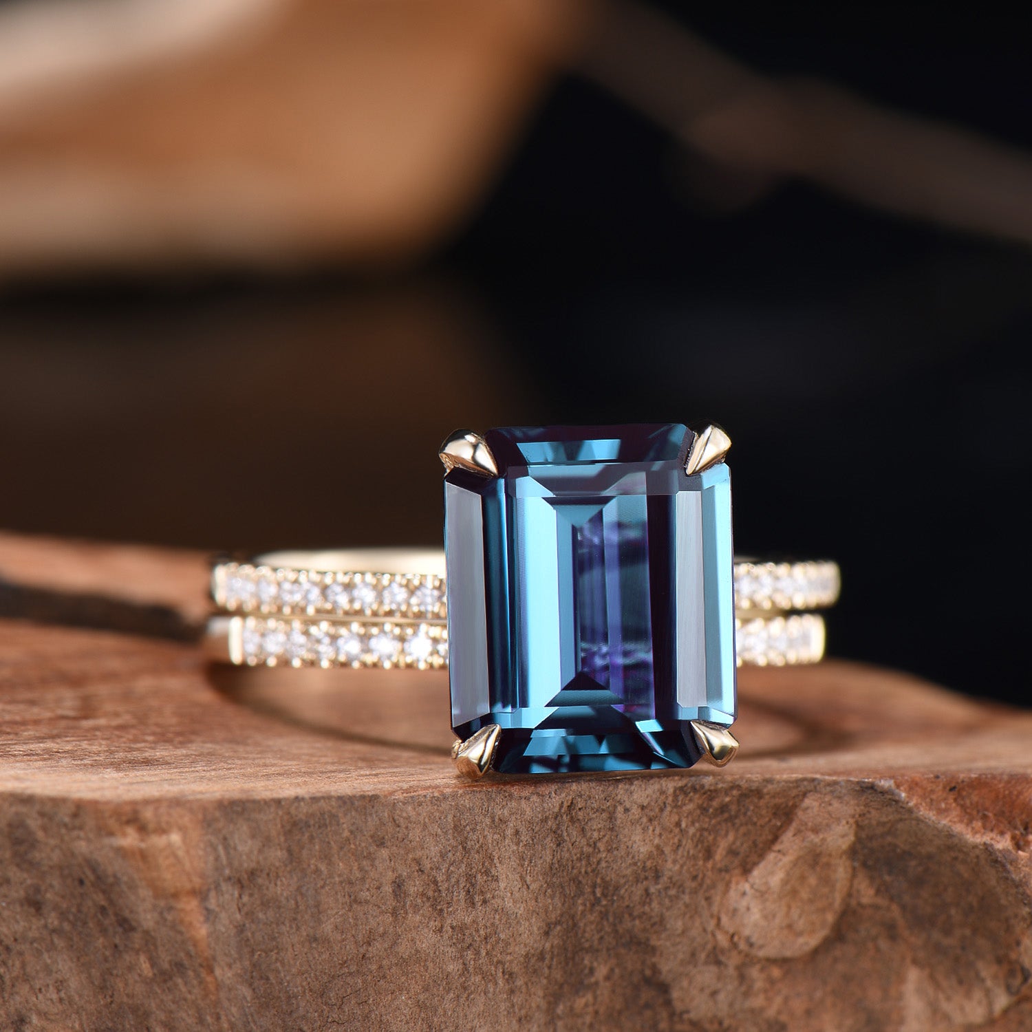 Hidden Halo Emerald Cut Alexandrite Engagement Ring Vintage 14K Rose Gold 6CT Alexandrite Diamond Wedding Ring Anniversary Gifts For Women - PENFINE