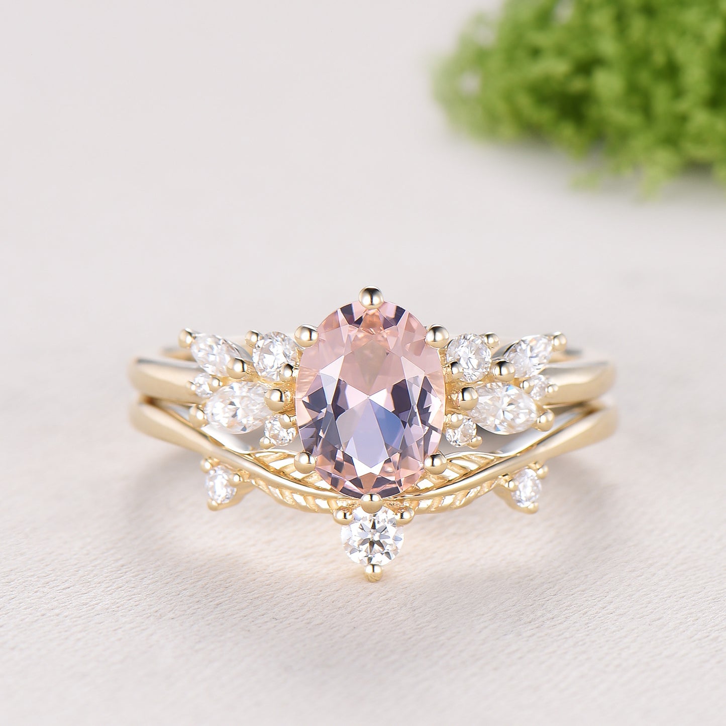 Oval Morganite Wedding Ring Set Rose Gold Morganite Diamond Engagement Ring Set Vintage Leaf Stacking Ring Natural Inspired Promise Ring