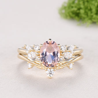 Oval Morganite Wedding Ring Set Rose Gold Morganite Diamond Engagement Ring Set Vintage Leaf Stacking Ring Natural Inspired Promise Ring