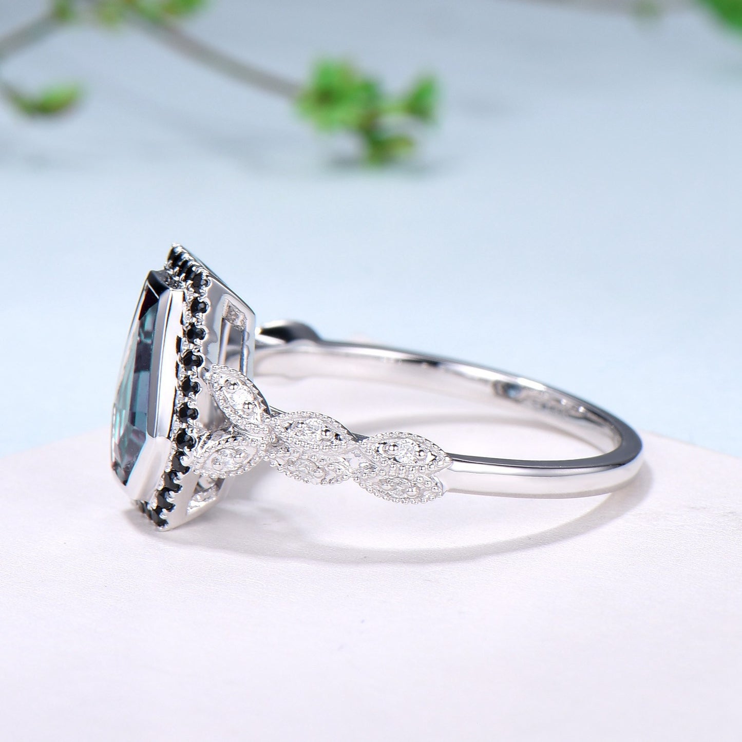 Unique Coffin shaped Alexandrite engagement ring Halo Black diamond retro wedding ring Gothic Limited  Color Change split shank promise Ring - PENFINE