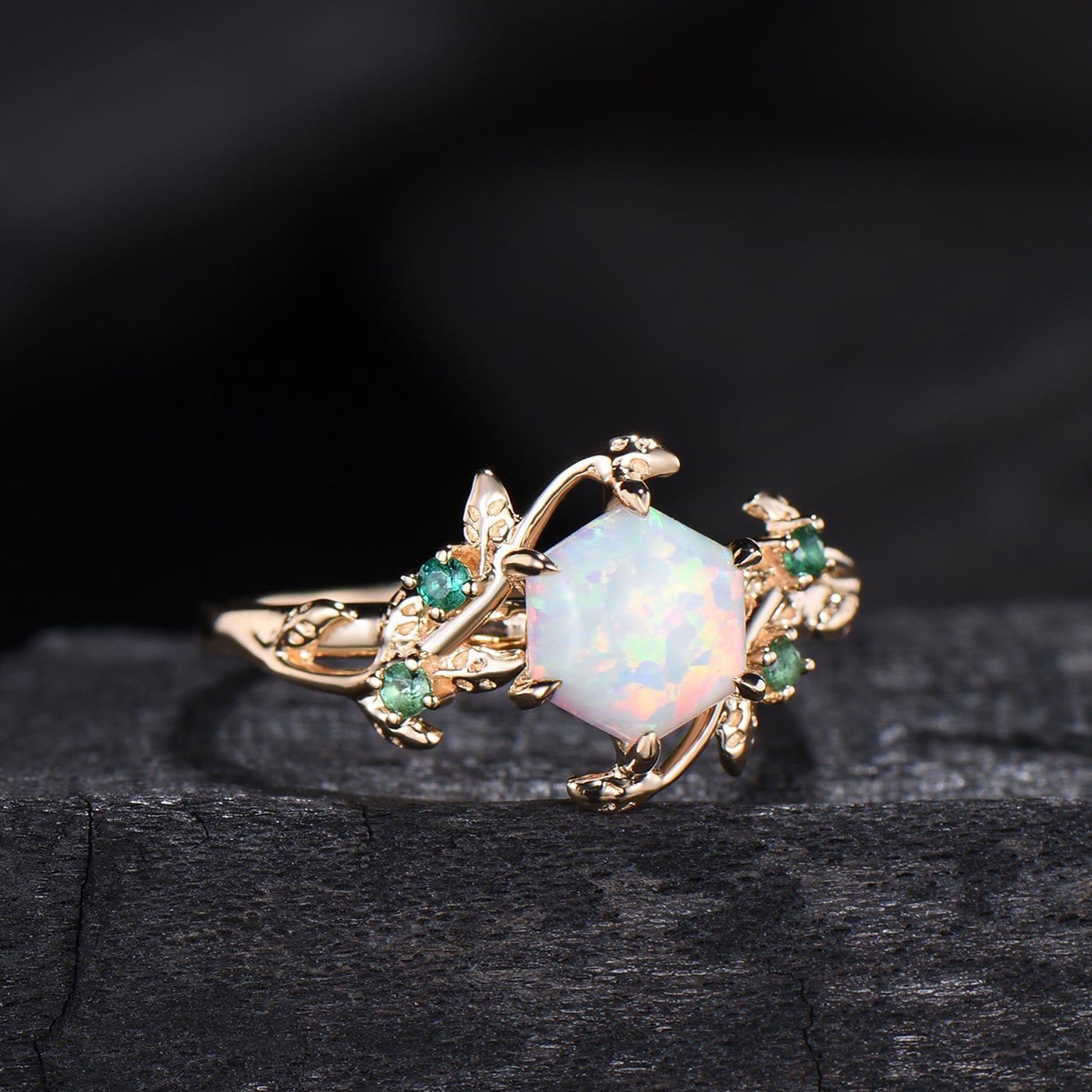 Hexagon Cut Opal Ring for women Vintage White Opal Engagement Ring Unique Nature Inspired Bridal Ring Leaf Vine emerald Wedding Bridal Ring