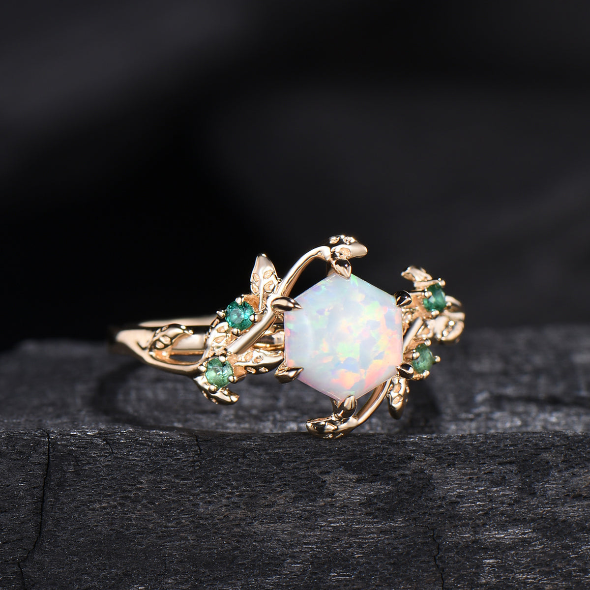 Hexagon Cut Opal Ring for women Vintage White Opal Engagement Ring Unique Nature Inspired Bridal Ring Leaf Vine emerald Wedding Bridal Ring