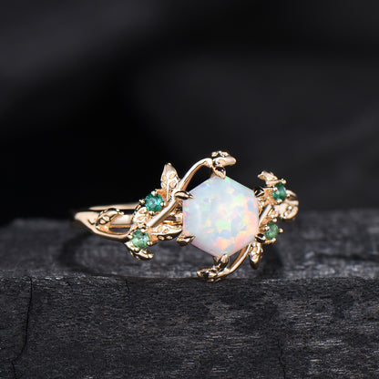 Hexagon Cut Opal Ring for women Vintage White Opal Engagement Ring Unique Nature Inspired Bridal Ring Leaf Vine emerald Wedding Bridal Ring