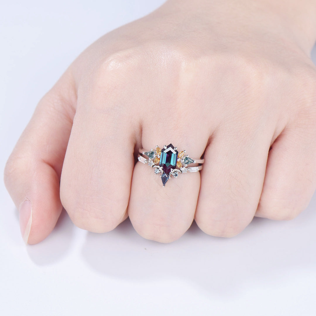 Vintage Elongated Hexagon Alexandrite Bridal Set with Citrine Moss Agate Cluster - PENFINE