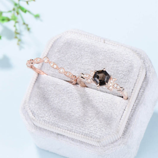 Vintage Smoky Quartz Engagement Ring Set Hexagon Brown Quartz Wedding Ring Set 14K Solid Gold Ring,Unique Women Moissanite Promise Ring - PENFINE