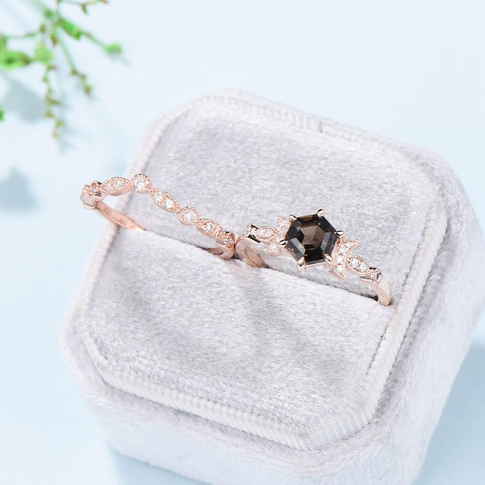 Vintage Smoky Quartz Engagement Ring Set Hexagon Brown Quartz Wedding Ring Set 14K Solid Gold Ring,Unique Women Moissanite Promise Ring - PENFINE