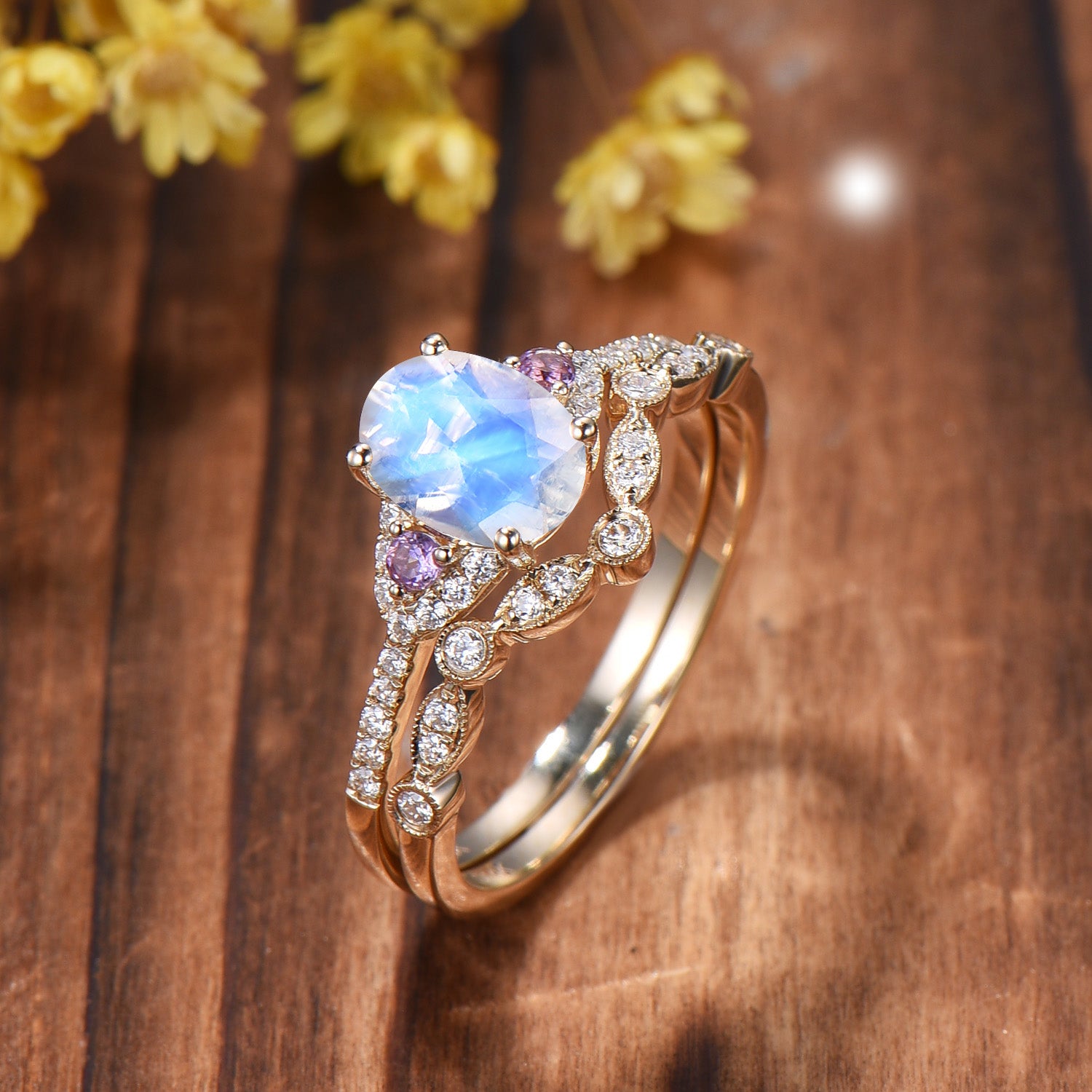 Vintage Moonstone Engagement Ring Set: 14K Gold, Amethyst Bridal Band