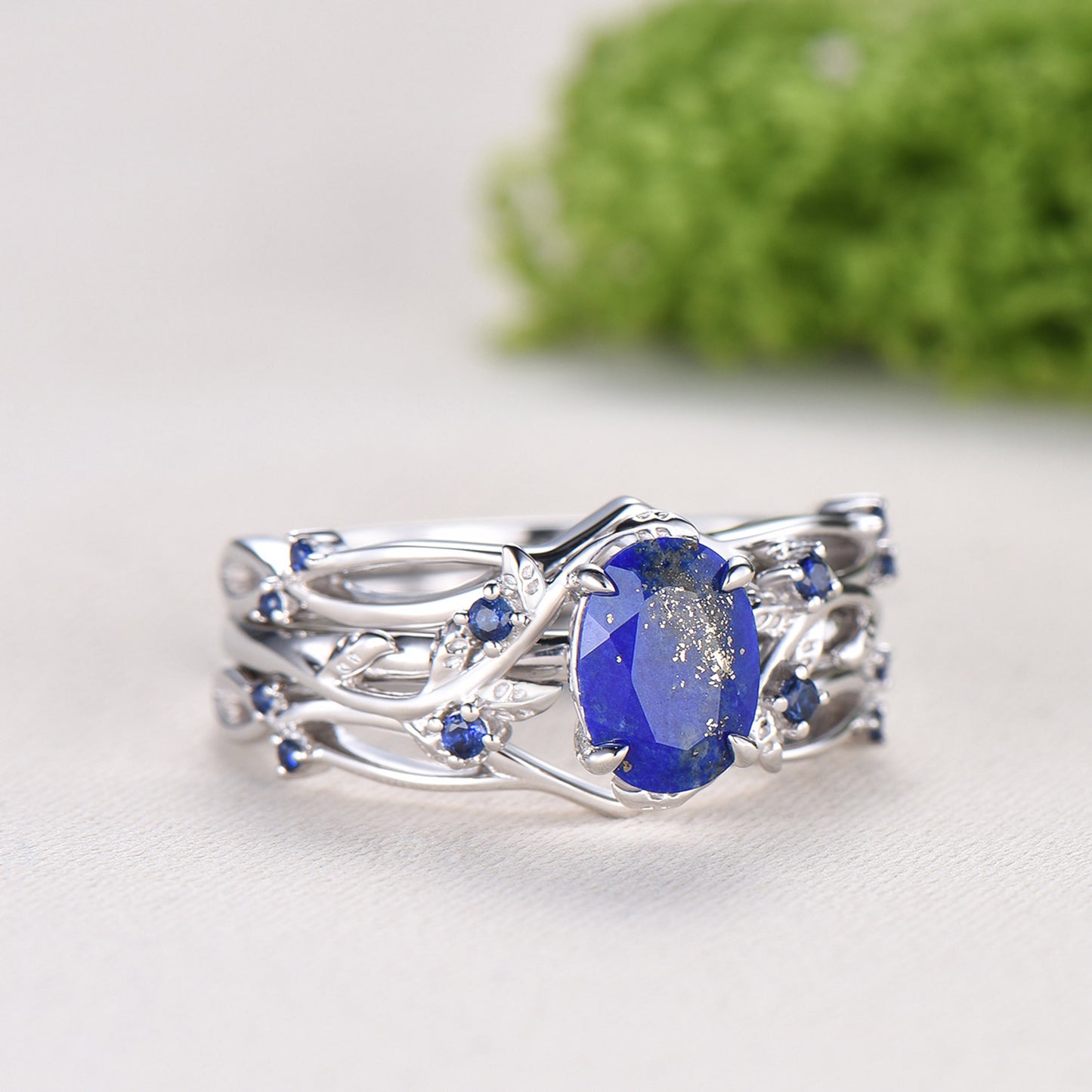 Nature Inspired Lapis Lazuli Wedding Ring Set Elegant Twig Engagement Ring Cluster Sapphire Branch Promise Ring Blue Stone Anniversary Ring - PENFINE