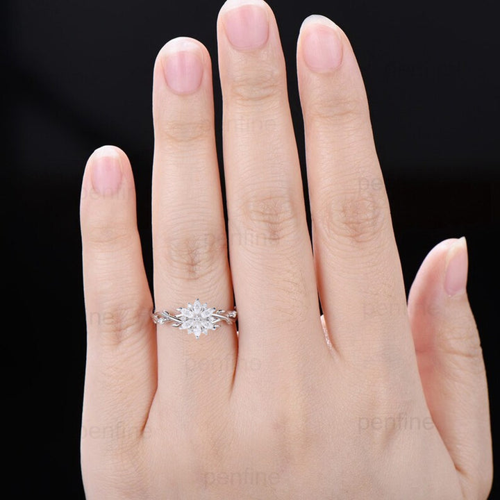 Elegant Snowflake Marquise Moissanite Diamond Ring with Twisted Branch Band - PENFINE