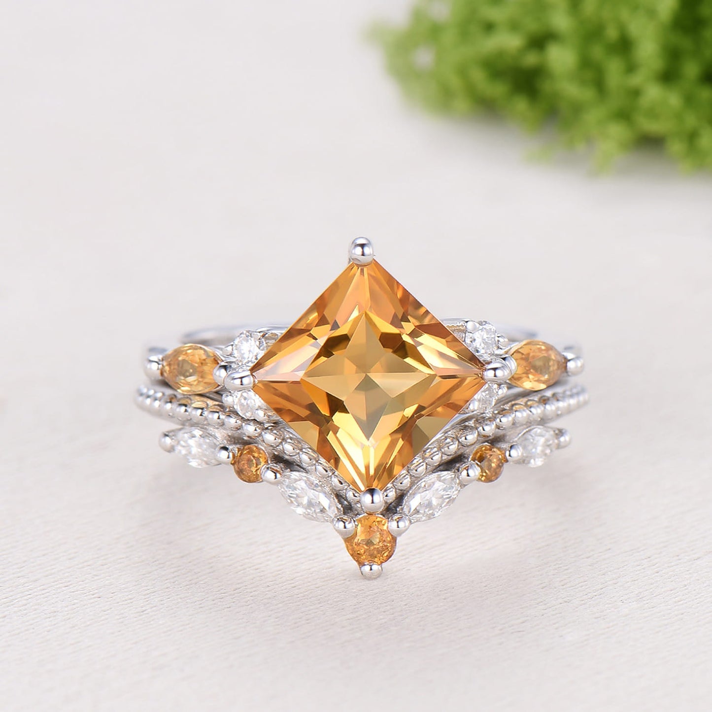 Unique Princess Cut Citrine Engagement Ring Set Vintage 14k Yellow Gold Sterling Silver November Birthstone Ring Art Deco Bridal Ring Set
