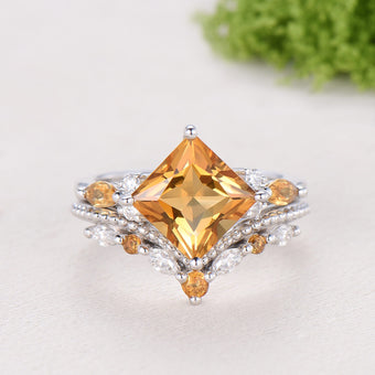 Unique Princess Cut Citrine Engagement Ring Set Vintage 14k Yellow Gold Sterling Silver November Birthstone Ring Art Deco Bridal Ring Set