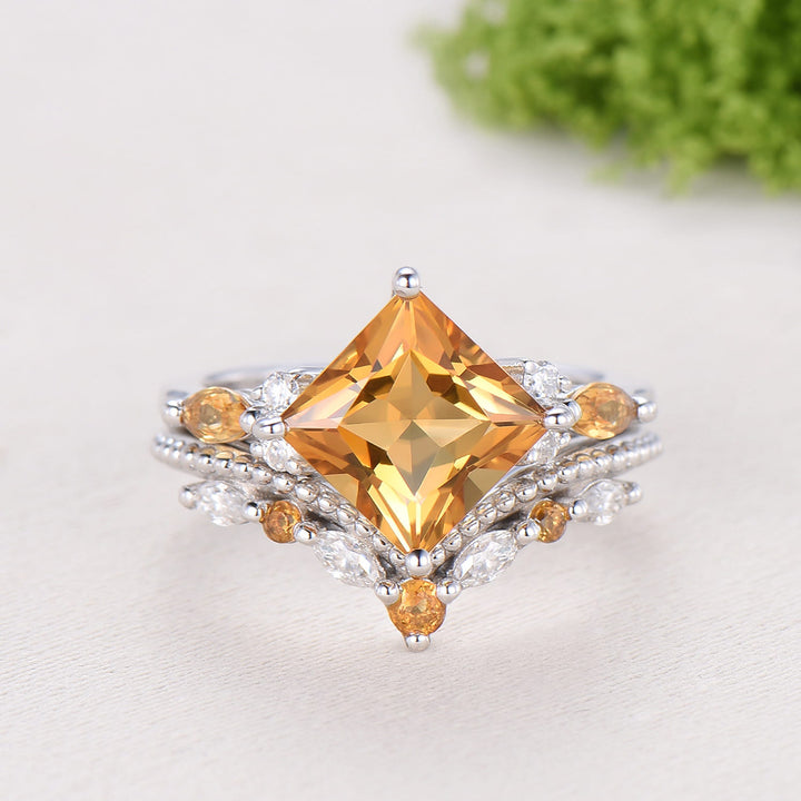 Unique Princess Cut Citrine Engagement Ring Set Vintage 14k Yellow Gold Sterling Silver November Birthstone Ring Art Deco Bridal Ring Set