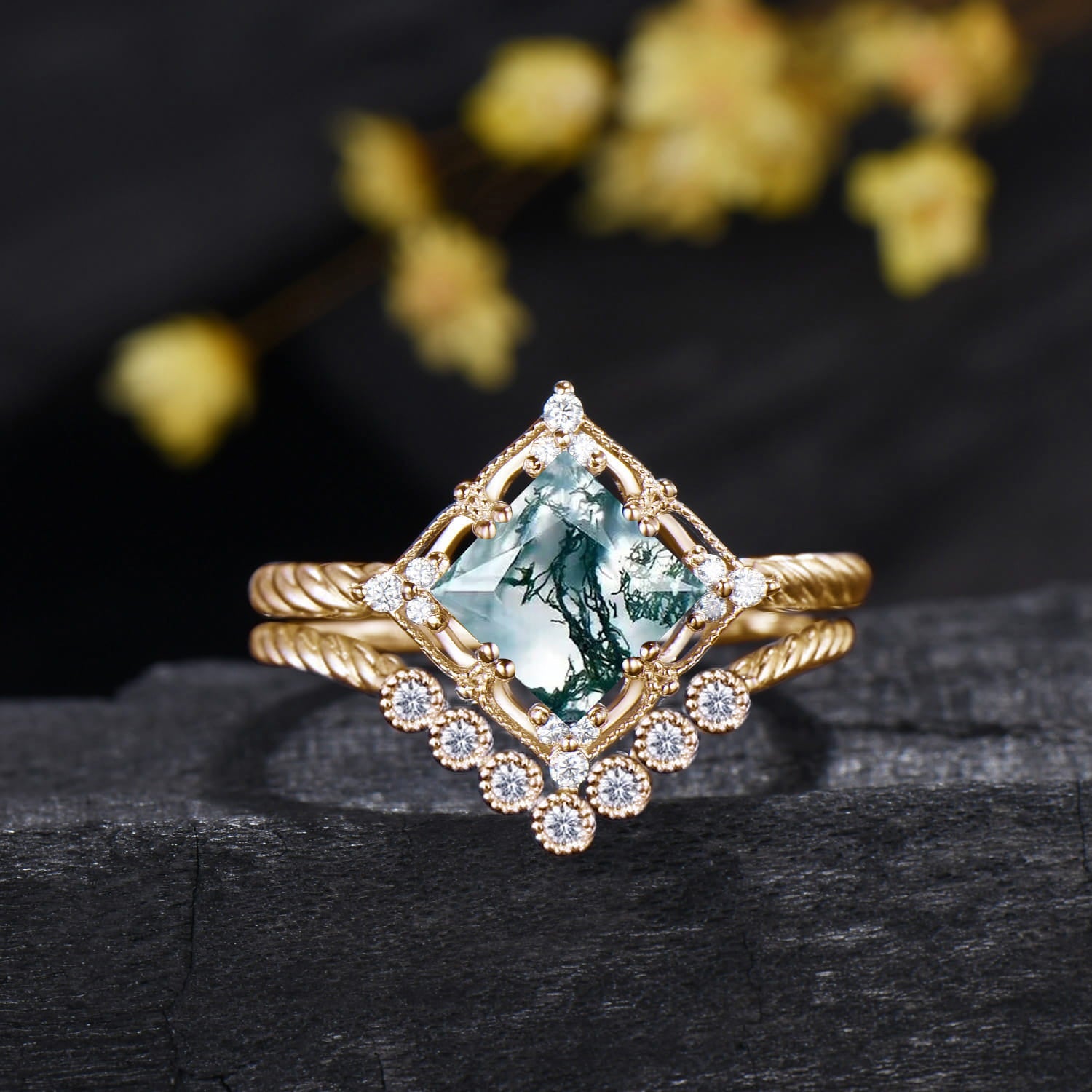 Princess Cut Natural Moss Agate Bridal Ring Set Diamond Twisted  Engagement Ring