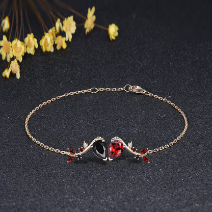 Nature Inspired Red Garnet & Black Onyx Heart Charm Bracelet
